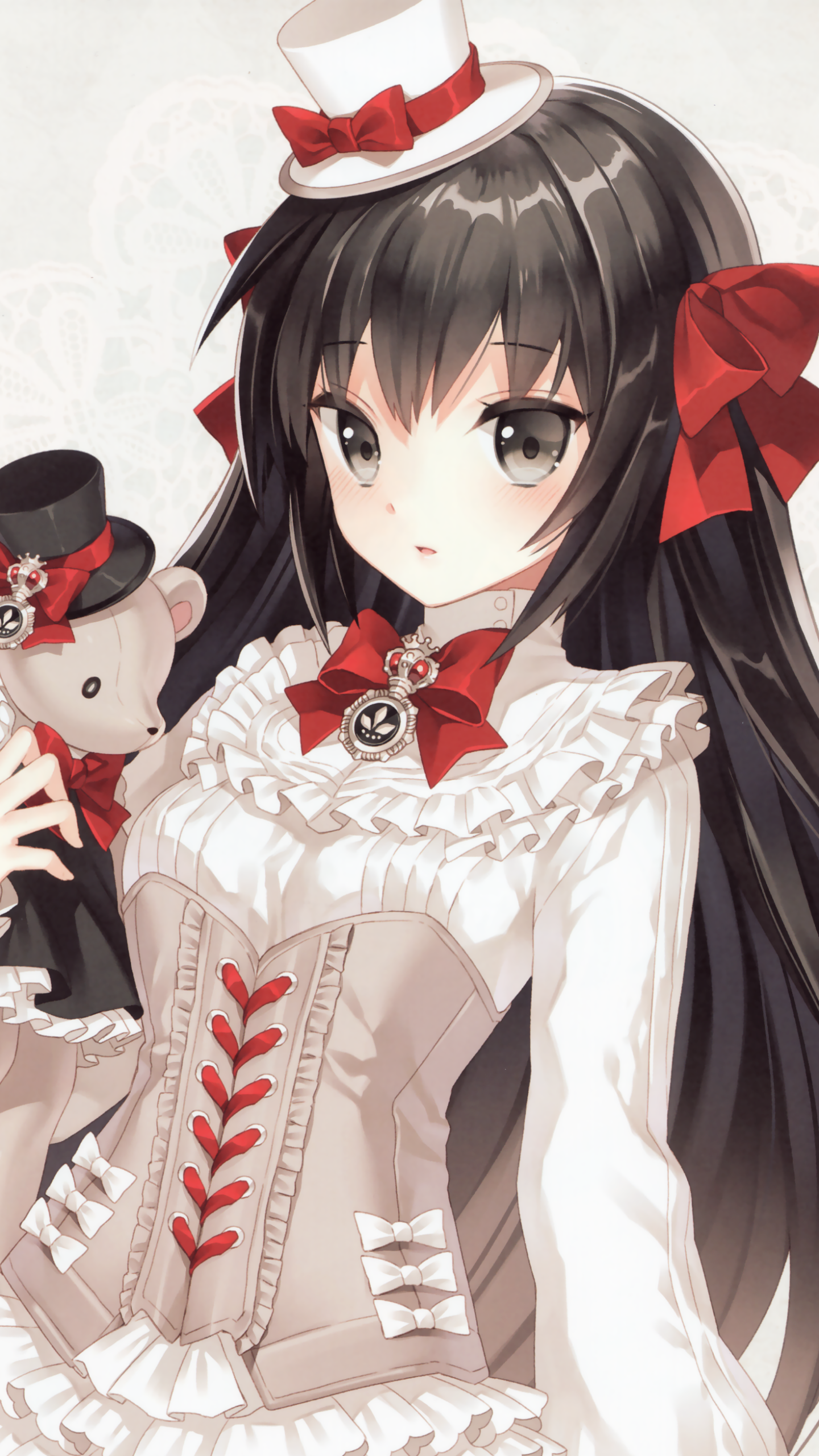 Download Blush Grey Eyes Teddy Bear Bow (Clothing) Hat Black Hair Long Hair Anime Original Phone Wallpaper