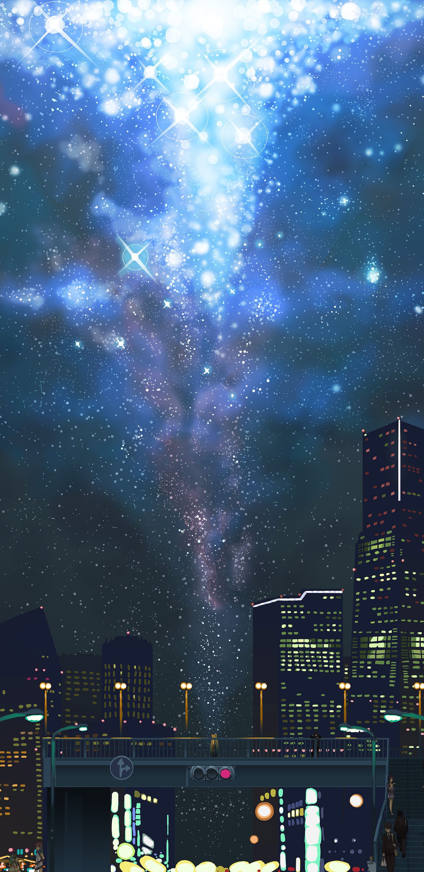 Anime-style night cityscape with a starry sky and glowing light beams, featuring Vocaloid-inspired elements, designed as a phone wallpaper for iPhone and Android screens.