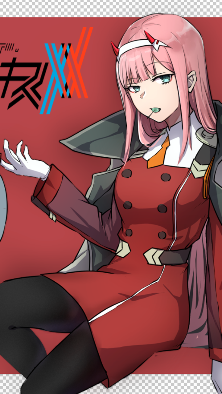 Phone wallpaper of Zero Two (Darling in the FranXX): pink long hair, red uniform, small horns, green eyes, holding a lollipop, seated against a red background with the FranXX logo.