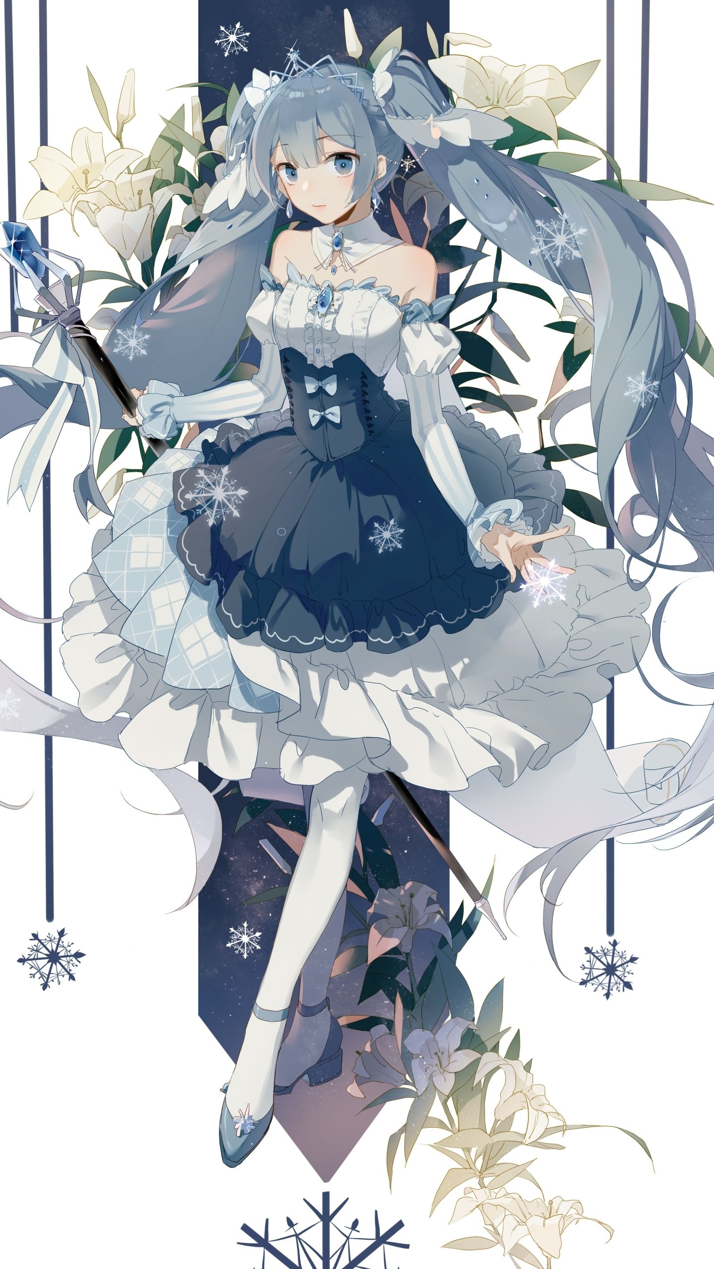 Anime-style Hatsune Miku (Vocaloid) in a frilly blue-white winter dress with twin tails, snowflakes and lilies; vertical phone wallpaper.