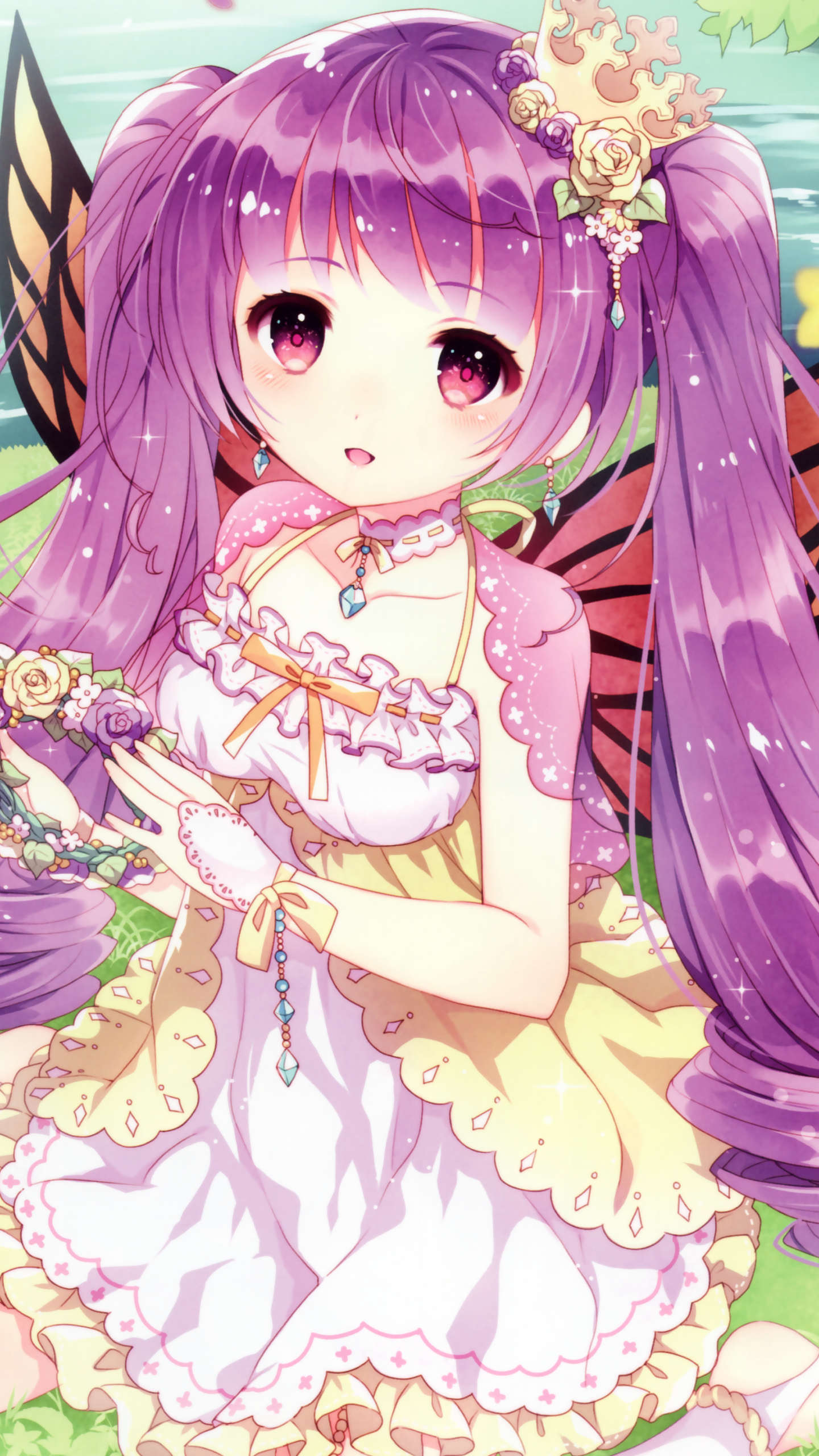Download Long Hair Blush Earrings Pink Eyes Crown Wings Smile Purple Hair Twintails Anime Original Phone Wallpaper