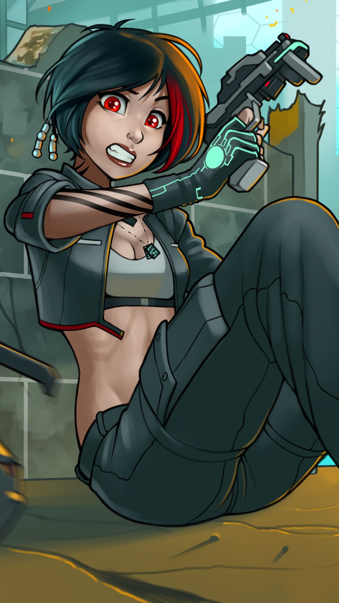 Download Weapon Red Eyes Black Hair Short Hair Woman Warrior Sci Fi Phone Wallpaper