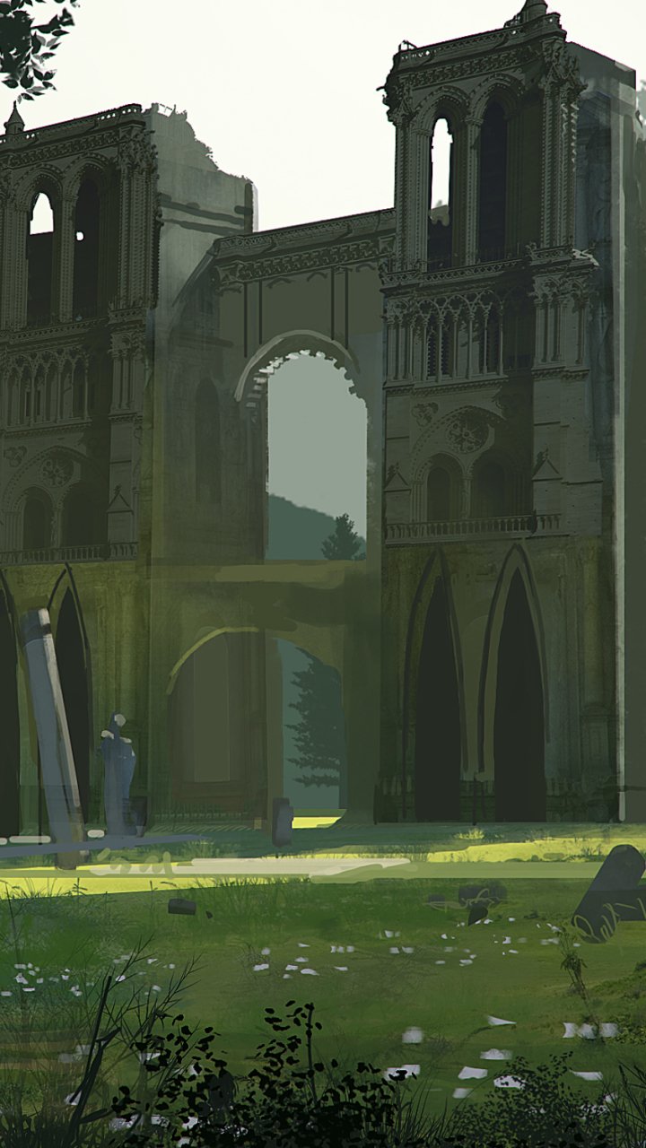 Phone wallpaper from the video game NieR: Automata — sunlit ruined cathedral with tall arches over a grassy field, moss, wildflowers, and a lone android figure.