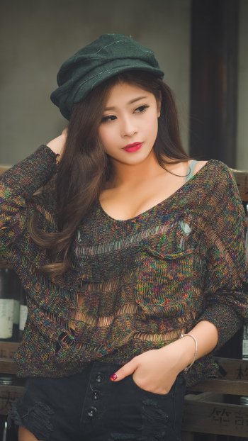 cap lipstick brown eyes brunette model woman asian Phone Wallpaper