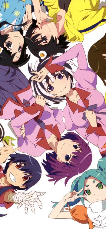 Suruga Kanbaru Nadeko Sengoku Yotsugi Ononoki Tsubasa Hanekawa Tsukihi Araragi Karen Araragi Shinobu Oshino Mayoi Hachikuji Hitagi Senjōgahara Anime Monogatari (Series) Phone Wallpaper
