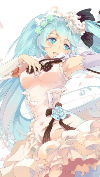 Phone wallpaper of Vocaloid Hatsune Miku — anime-style, long blue hair and blue eyes, wearing a frilly white dress and floral headpiece, posed reaching out in soft pastel tones.