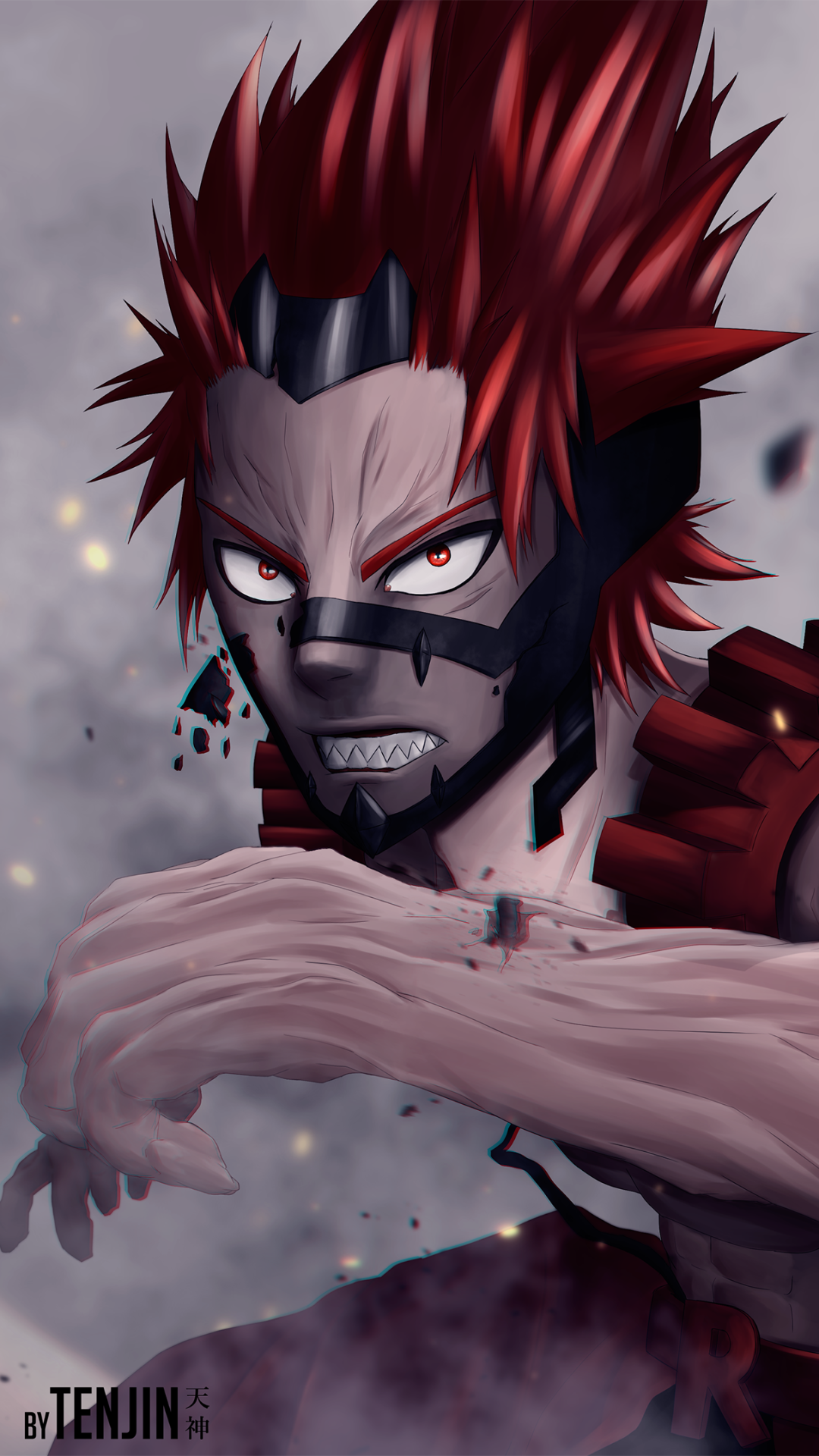 Anime phone wallpaper of Eijiro Kirishima from My Hero Academia: fierce close-up with spiky crimson hair, mask, hardened arm and intense red eyes against a smoky background.