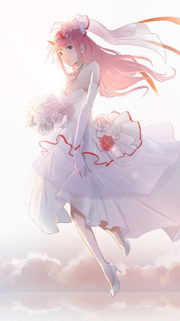 Phone wallpaper of Zero Two (Darling in the FranXX) in an elegant wedding dress, holding a bouquet against a soft pastel sky, rendered in delicate anime style.