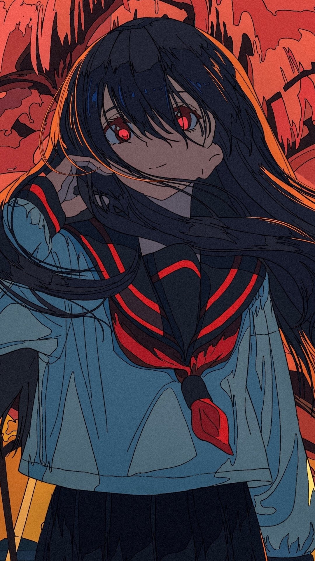 Anime-style original artwork of a smiling girl with long black hair and red eyes, set against a fiery background, designed as a phone wallpaper for iPhones and Android.