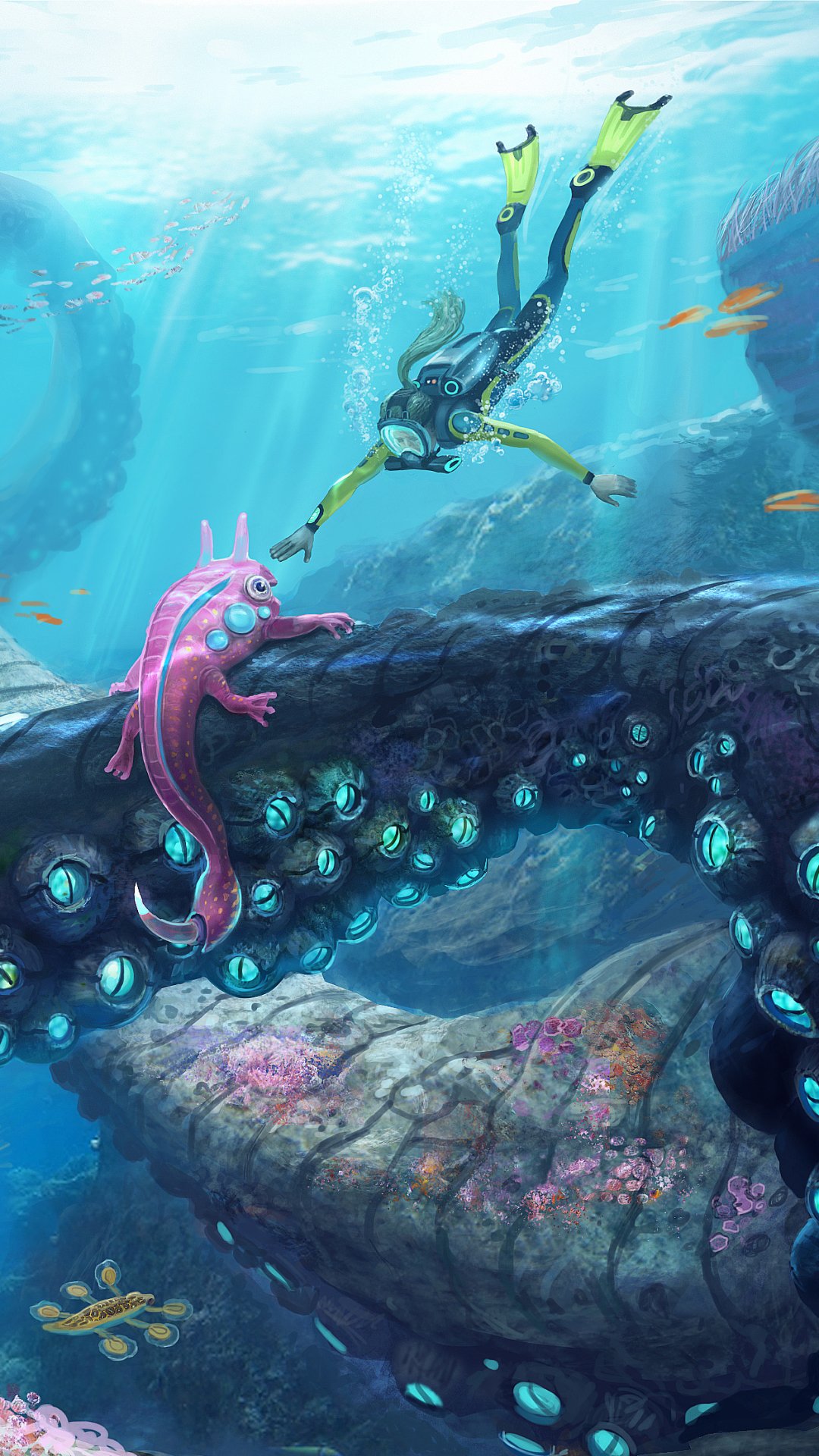 Phone wallpaper of Subnautica (video game): a diver reaches toward a pink alien creature clinging to a glowing coral-covered rock amid fish and sunlit blue depths.