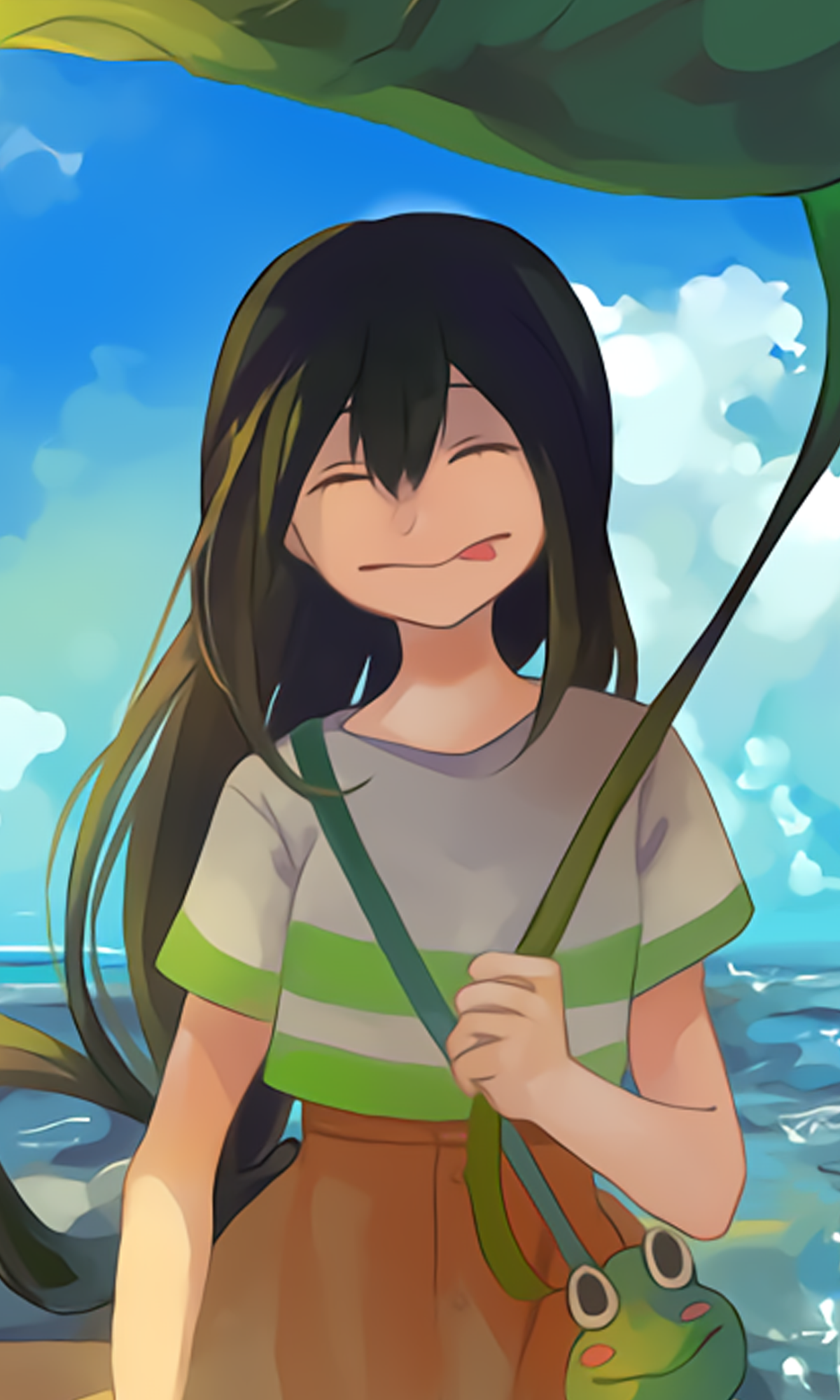 Phone wallpaper of Tsuyu Asui from the anime My Hero Academia, smiling with eyes closed under a large leaf umbrella by the seaside, wearing a green-striped shirt and carrying a frog-shaped bag.