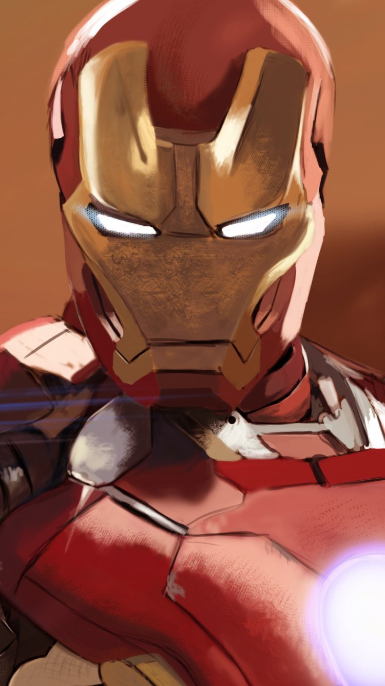 Phone wallpaper of Iron Man (movie): close-up of red-and-gold armored helmet with glowing white eyes and the arc reactor light on his chest.