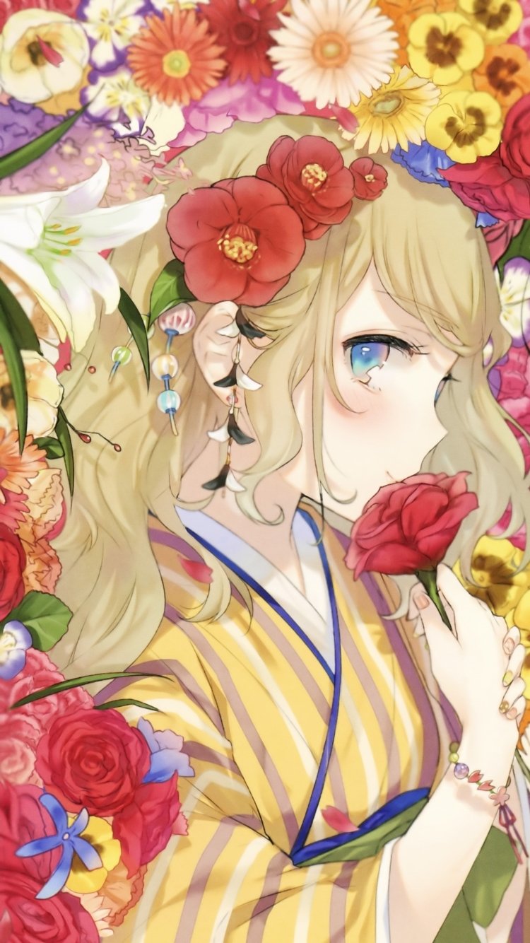 Download Blush Blue Eyes Long Hair Glove Kimono Flower Anime Original Phone Wallpaper