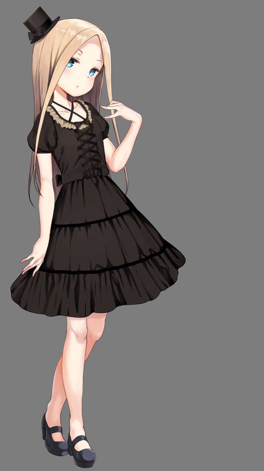 Phone wallpaper of Abigail Williams (Fate/Grand Order): anime-style girl in a black tiered dress and small top hat, long blonde hair and blue eyes against a plain gray background.