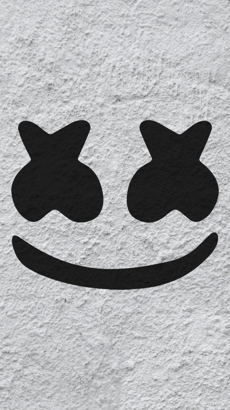 Phone wallpaper: textured white background with a black marshmallow-shaped smiling face and X eyes, referencing a masked DJ and electronic music.