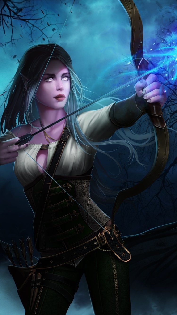 Download Long Hair Blue Hair Archer Night Elf Bow Video Game World Of Warcraft Phone Wallpaper