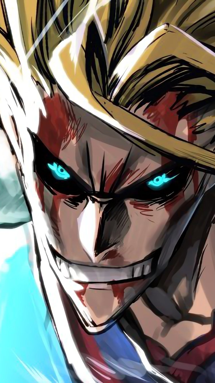Phone wallpaper of All Might from My Hero Academia: dynamic anime close-up with glowing blue eyes, fierce grin, bloodied jaw, and dramatic highlights.