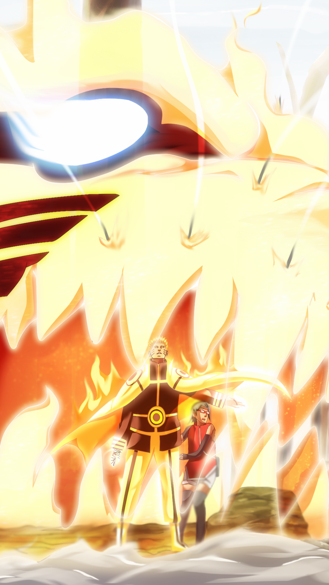 Boruto anime phone wallpaper: Naruto Uzumaki in golden Kurama chakra mode stands with Sarada Uchiha beneath a towering, fiery fox spirit silhouette.