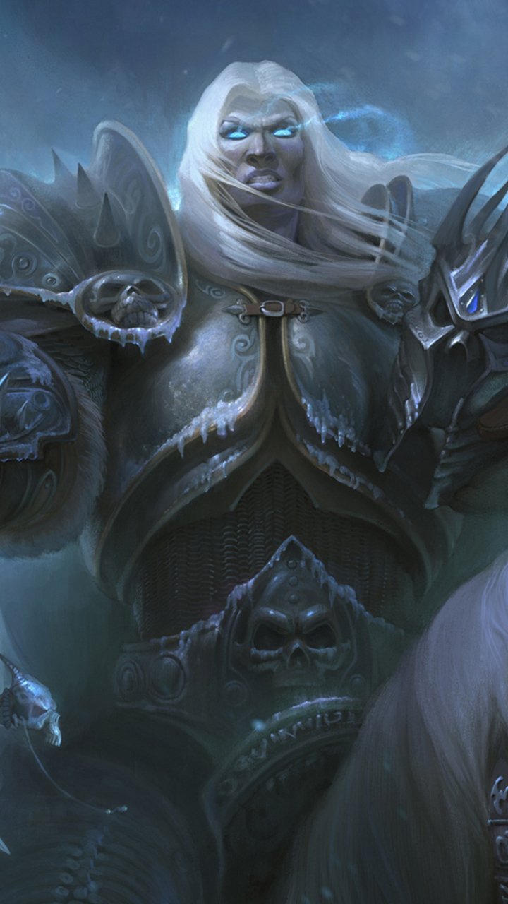 Phone wallpaper of a white‑haired, armored World of Warcraft warrior with icy blue eyes and frost-covered plate, cropped for iPhone and Android screens.