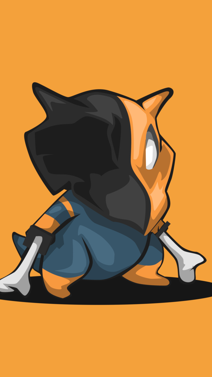 Anime-style Pokémon Cubone phone wallpaper: Cubone sits turned away wearing its skull helmet and blue outfit, clutching a bone club against a flat orange background.