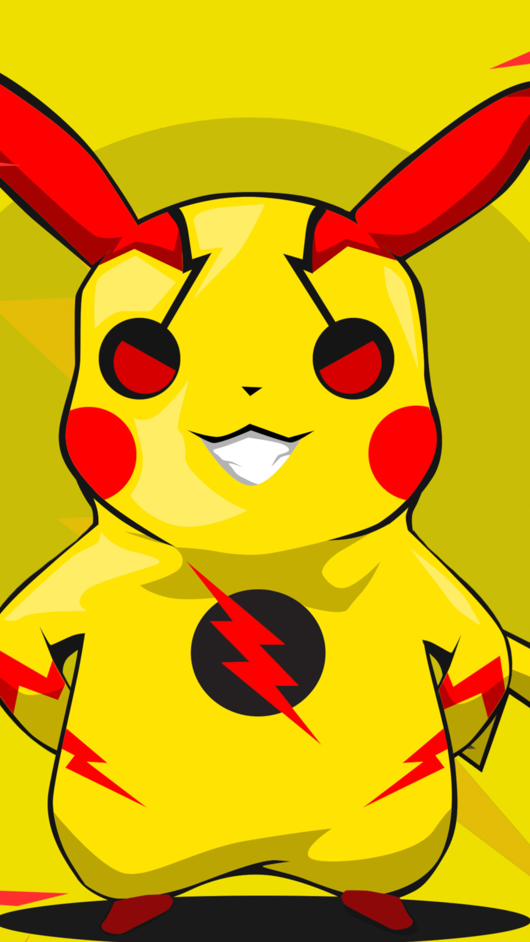 Anime-style Pikachu with red accents and a lightning-bolt chest emblem, grinning on a vibrant yellow background — Pokémon phone wallpaper.