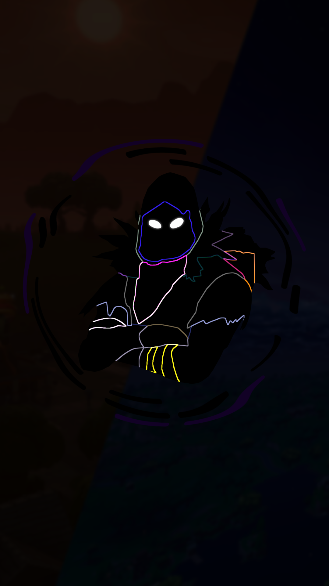 Phone wallpaper showing a shadowy, neon-outlined Fortnite character with glowing eyes over a split dusk landscape — Fortnite Battle Royale video game artwork.
