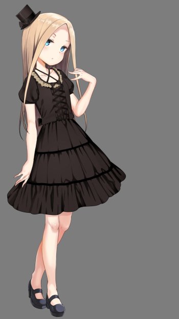 Phone wallpaper of Abigail Williams (Fate/Grand Order): anime-style girl in a black tiered dress and small top hat, long blonde hair and blue eyes against a plain gray background.