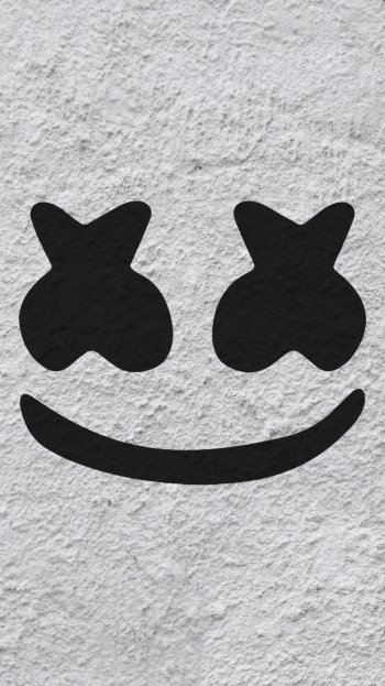 Phone wallpaper: textured white background with a black marshmallow-shaped smiling face and X eyes, referencing a masked DJ and electronic music.