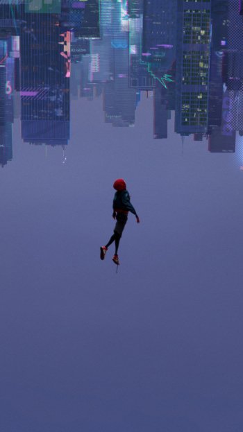 Phone wallpaper featuring Spider-Man from Spider-Man: Into The Spider-Verse swinging upside down against a cityscape background, compatible with iPhones and Android phones.