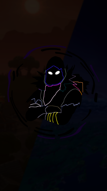 Phone wallpaper showing a shadowy, neon-outlined Fortnite character with glowing eyes over a split dusk landscape — Fortnite Battle Royale video game artwork.