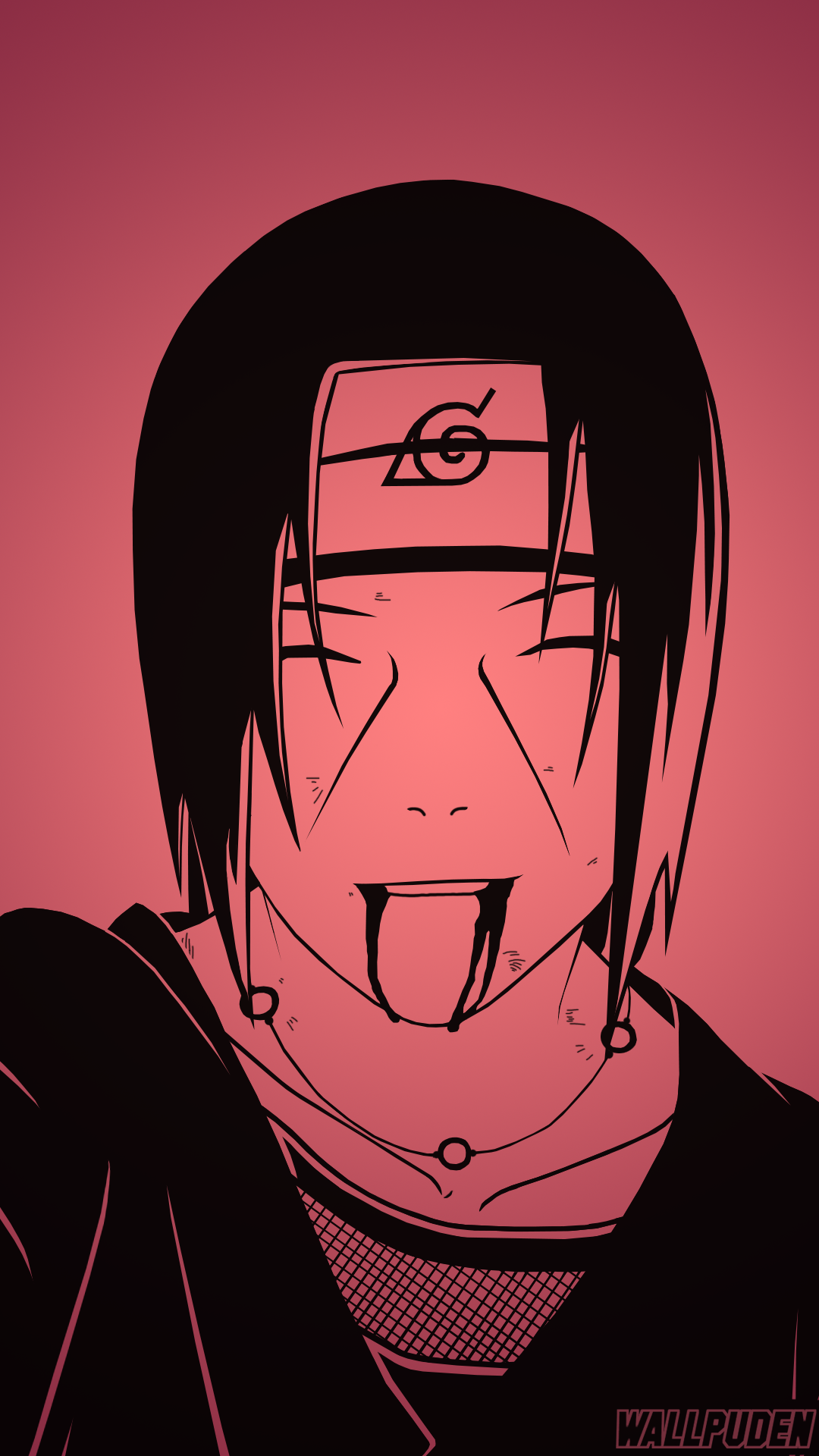 Phone wallpaper featuring Itachi Uchiha from Naruto anime, designed with a red background and minimalist black line art, compatible with iPhones and Android devices.