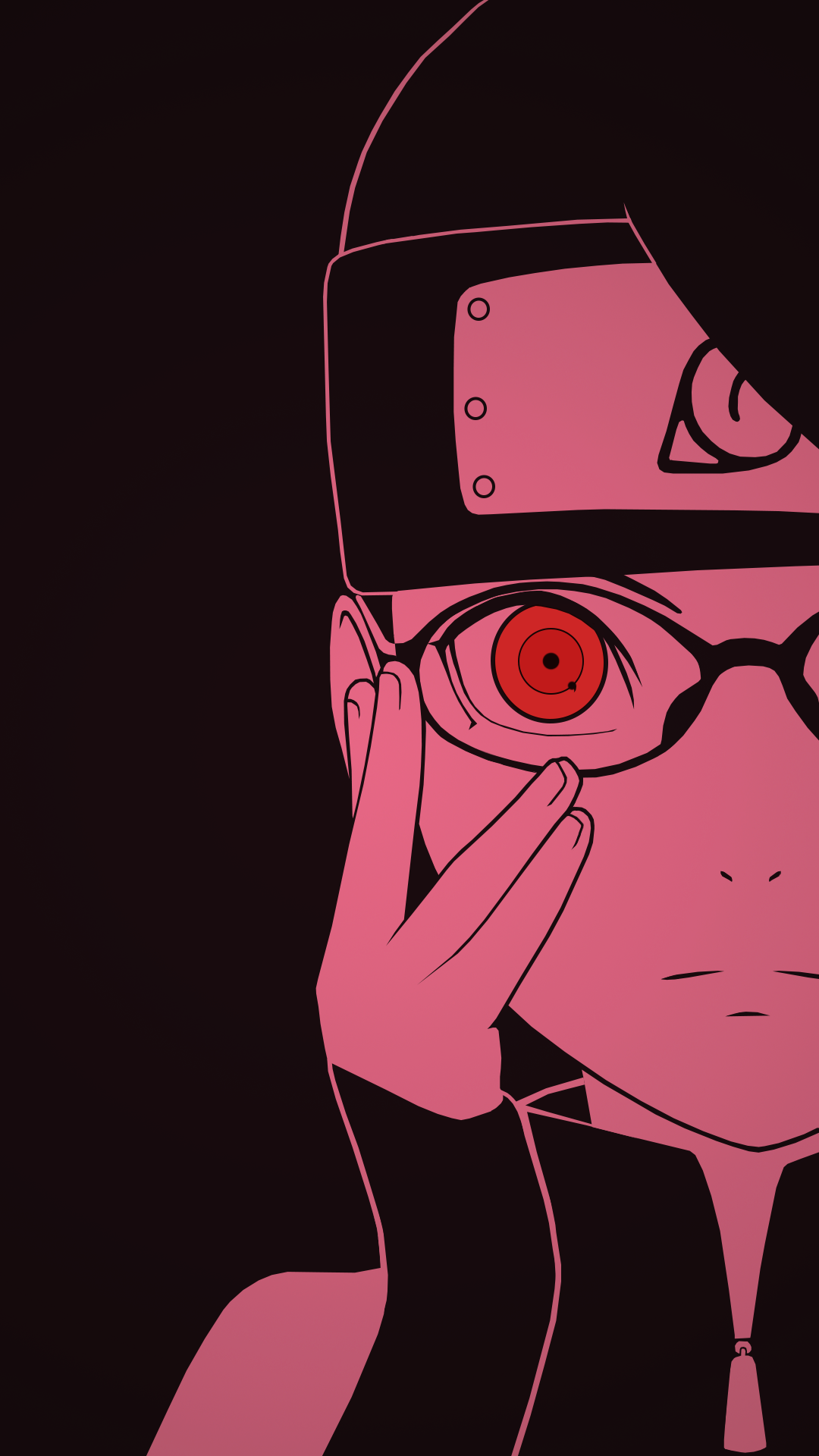 Phone wallpaper of Sarada Uchiha (Naruto): close-up in dark red tones, adjusting her glasses to reveal a glowing Sharingan eye, with the Uchiha forehead protector visible.