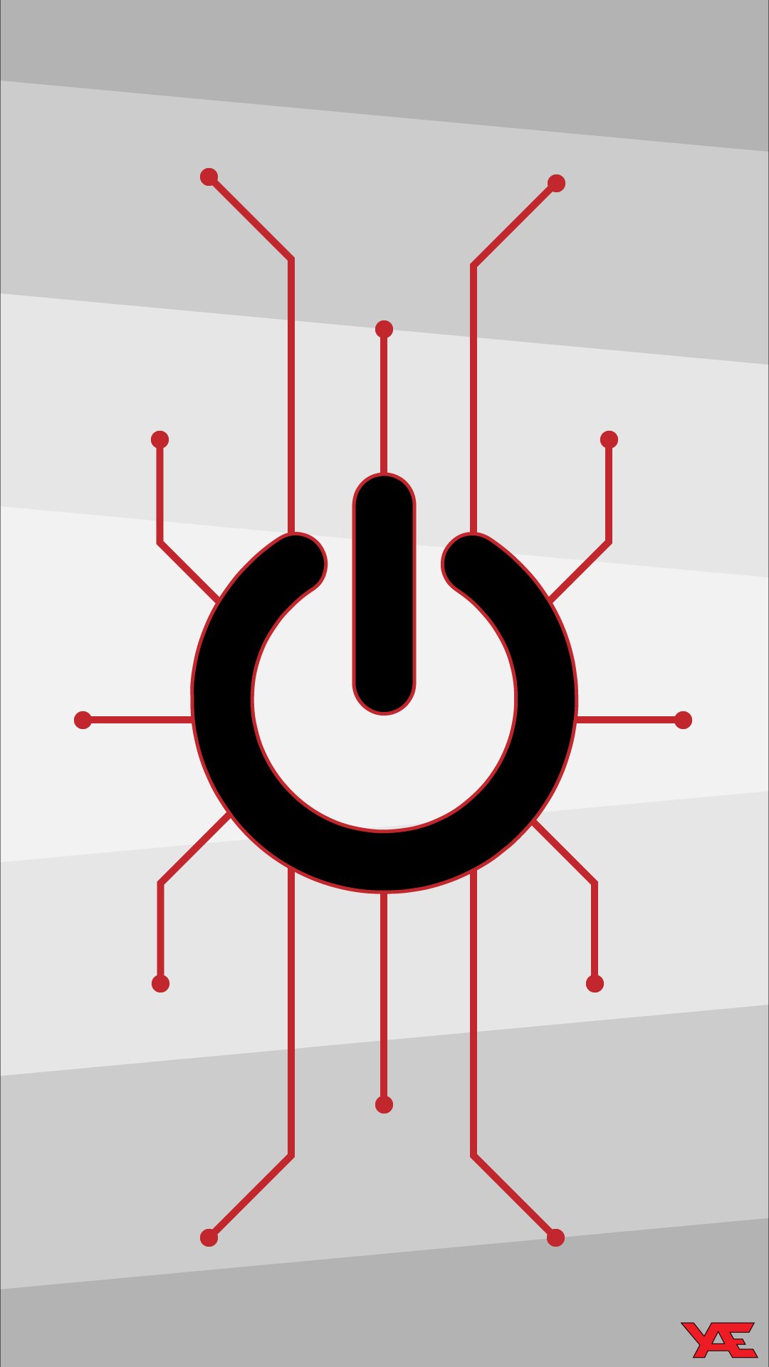 Phone wallpaper: abstract gray-striped background with a bold black power symbol and red circuit traces radiating outward, a red-and-black abstract design.