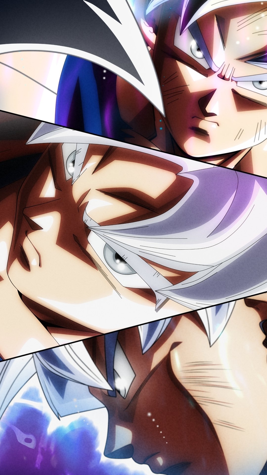 Phone wallpaper featuring Goku in Ultra Instinct form from Dragon Ball Super, showcasing intense anime style and dynamic close-up action.