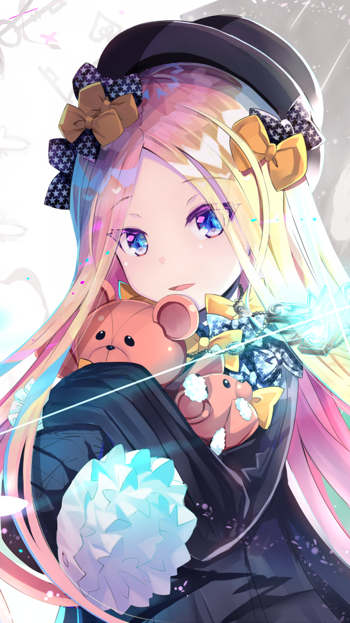 Phone wallpaper of Abigail Williams (Fate/Grand Order) — anime art of a pastel‑haired girl in a bowed hat hugging a teddy as icy magic glows; compatible with iPhones and Android phones.