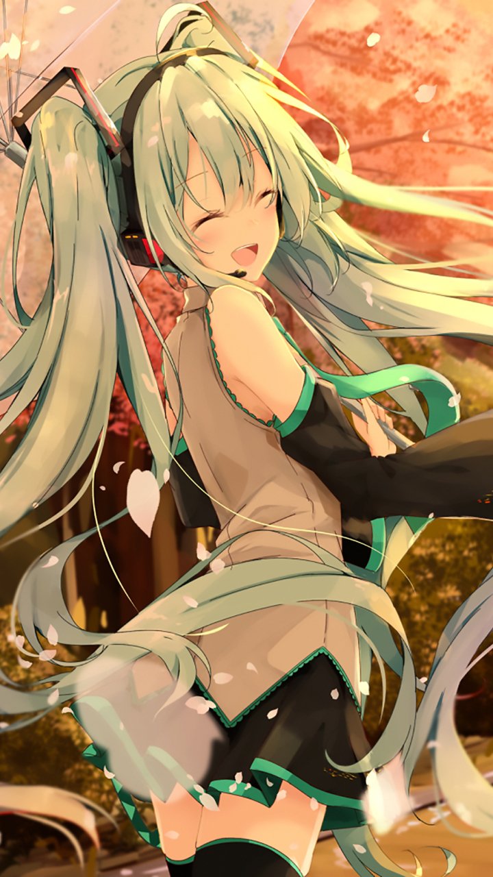 Vibrant phone wallpaper featuring Hatsune Miku from Vocaloid, captured in an anime style with flowing teal hair and a joyful expression, compatible with iPhones and Android devices.