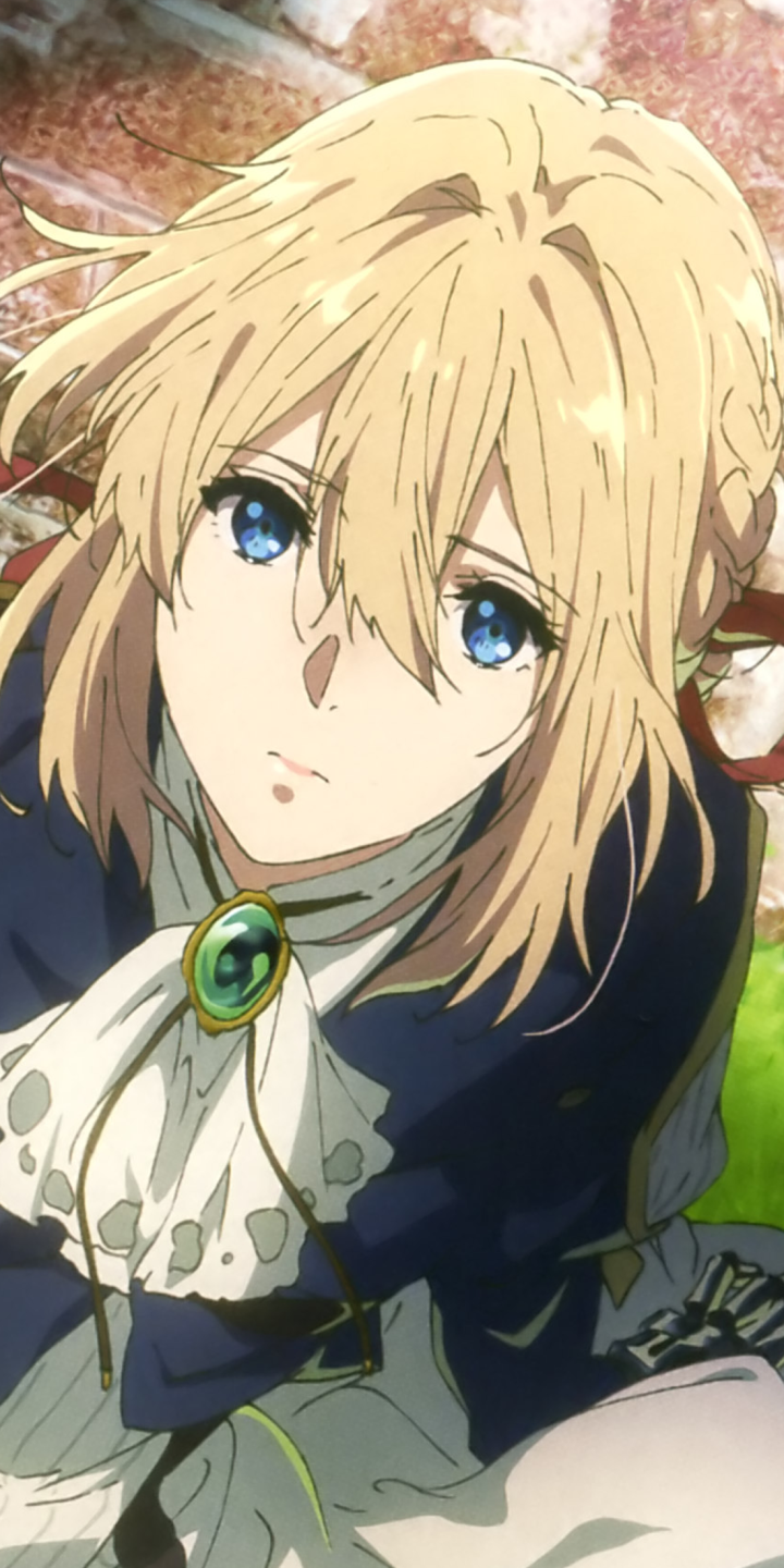 Anime phone wallpaper of Violet Evergarden — close-up of blonde-haired Violet in her uniform, blue eyes gazing up.