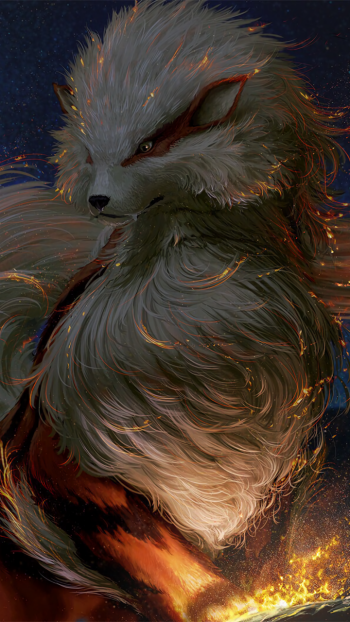 Anime-style Arcanine from Pokémon depicted with fiery, flowing fur on a dark background, designed as a dynamic phone wallpaper for iPhone and Android devices.