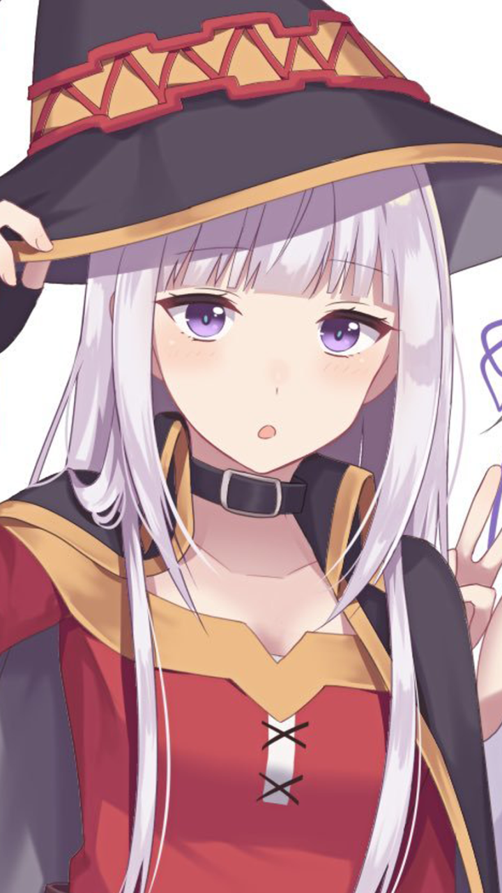 Phone wallpaper crossover: Emilia (Re:Zero) wearing a Kono Subarashii witch hat and red outfit, long silver hair, purple eyes, holding up a peace sign.