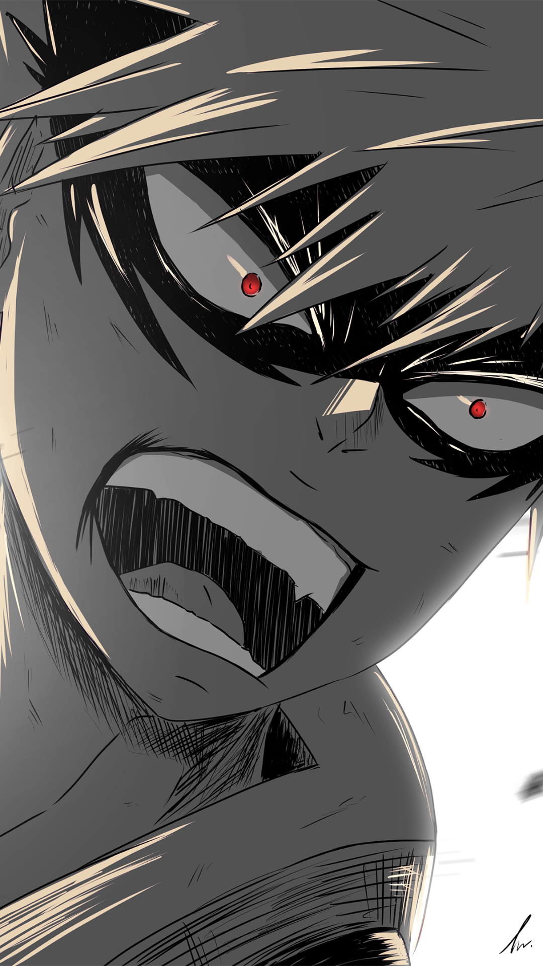 Close-up of Katsuki Bakugou from My Hero Academia with intense red eyes and fierce expression, designed as a dynamic phone wallpaper for iPhones and Android devices.