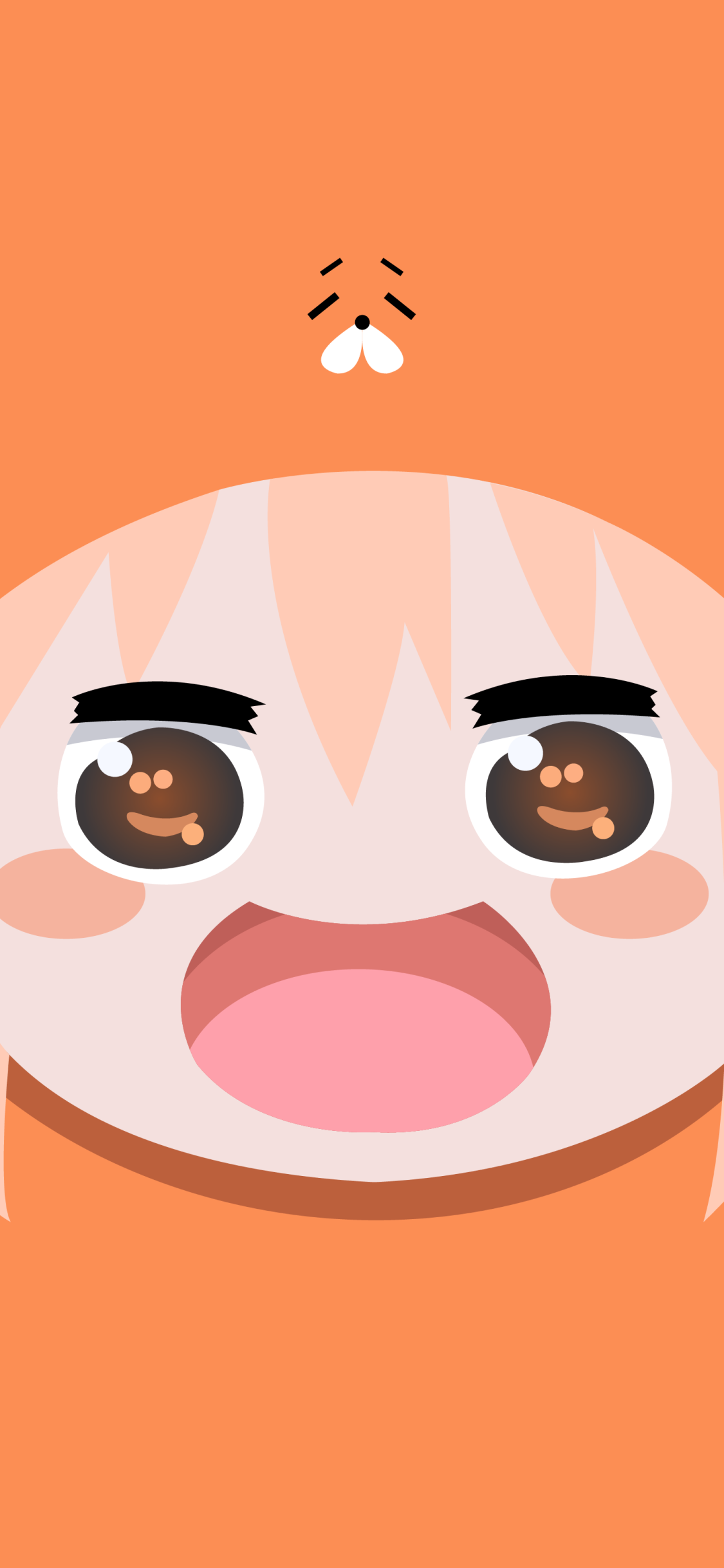 Chibi close-up of Umaru Doma from Himouto! Umaru-chan in her orange hood, big sparkling eyes and open grin on a solid orange phone wallpaper.