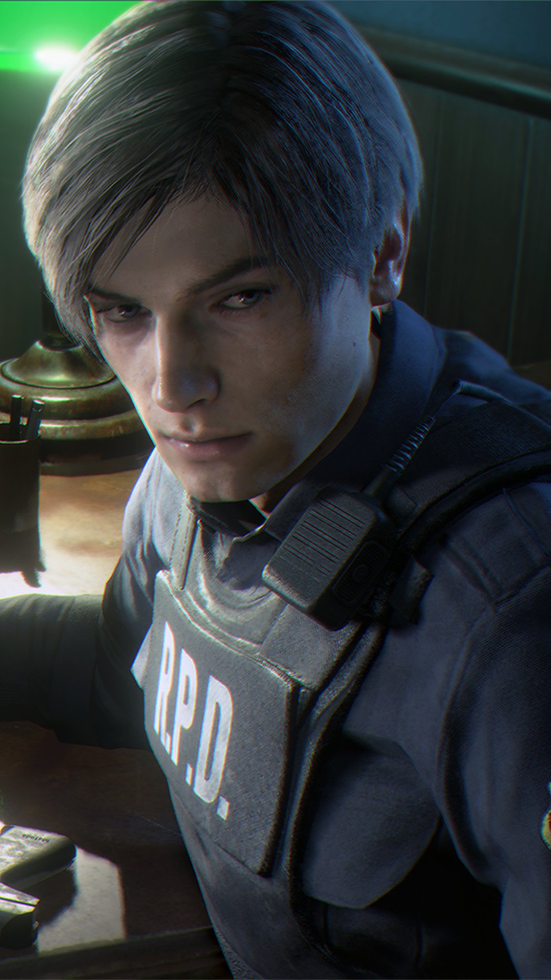 Leon S. Kennedy from Resident Evil 2 (2019) in detailed R.P.D. uniform, featured as a phone wallpaper compatible with iPhone and Android devices.