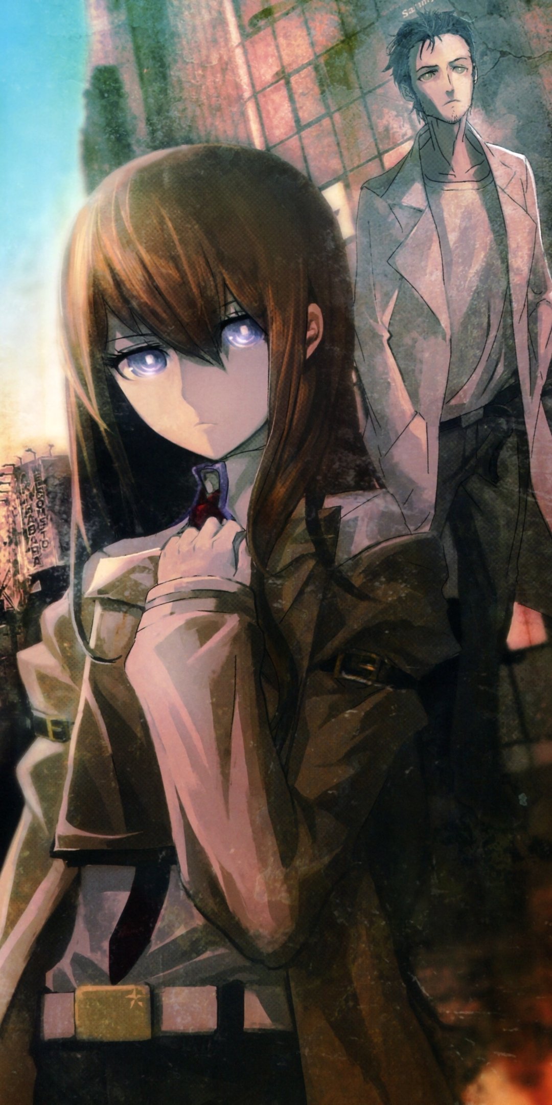 Steins;Gate phone wallpaper: Kurisu Makise in the foreground with a solemn gaze, Rintaro Okabe standing behind her in a moody, painterly anime composition.
