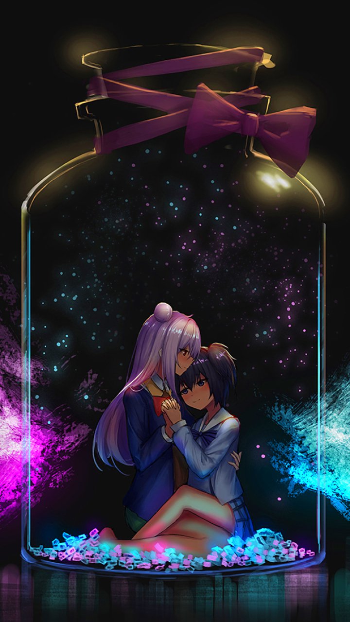 Phone wallpaper featuring Shio Kōbe and Satō Matsuzaka from the anime Happy Sugar Life, portrayed inside a glowing jar with vibrant blue and purple hues.