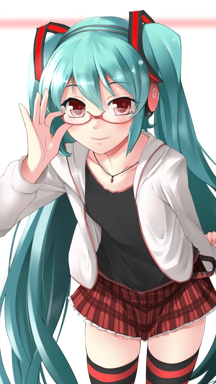 Phone wallpaper of Vocaloid Hatsune Miku: anime girl with long blue twintails, red eyes and glasses, wearing headphones, a white jacket, black top, red plaid skirt and thigh-highs.