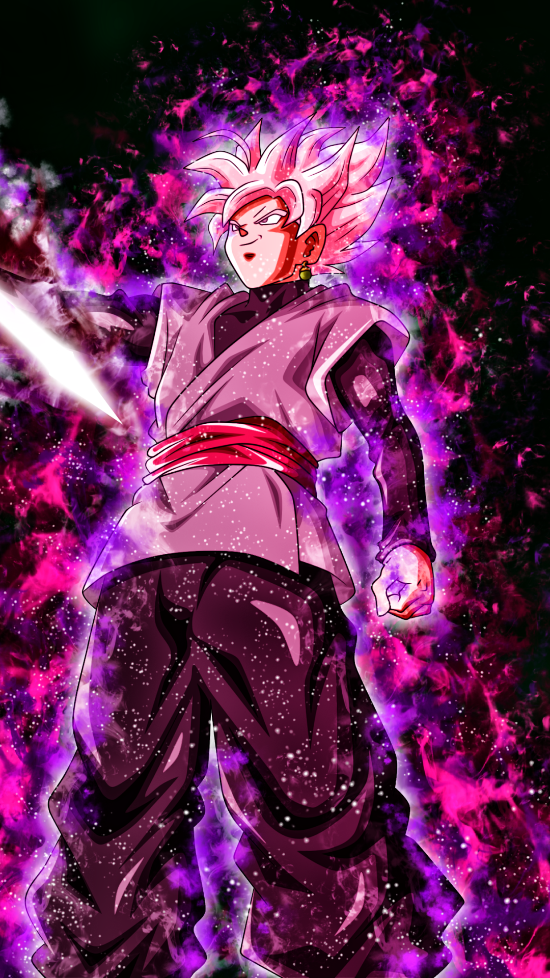 Phone wallpaper of Black Goku from Dragon Ball Super, standing in a purple-pink energy aura with a glowing blade, dramatic pose and intense glare — for iPhone and Android.