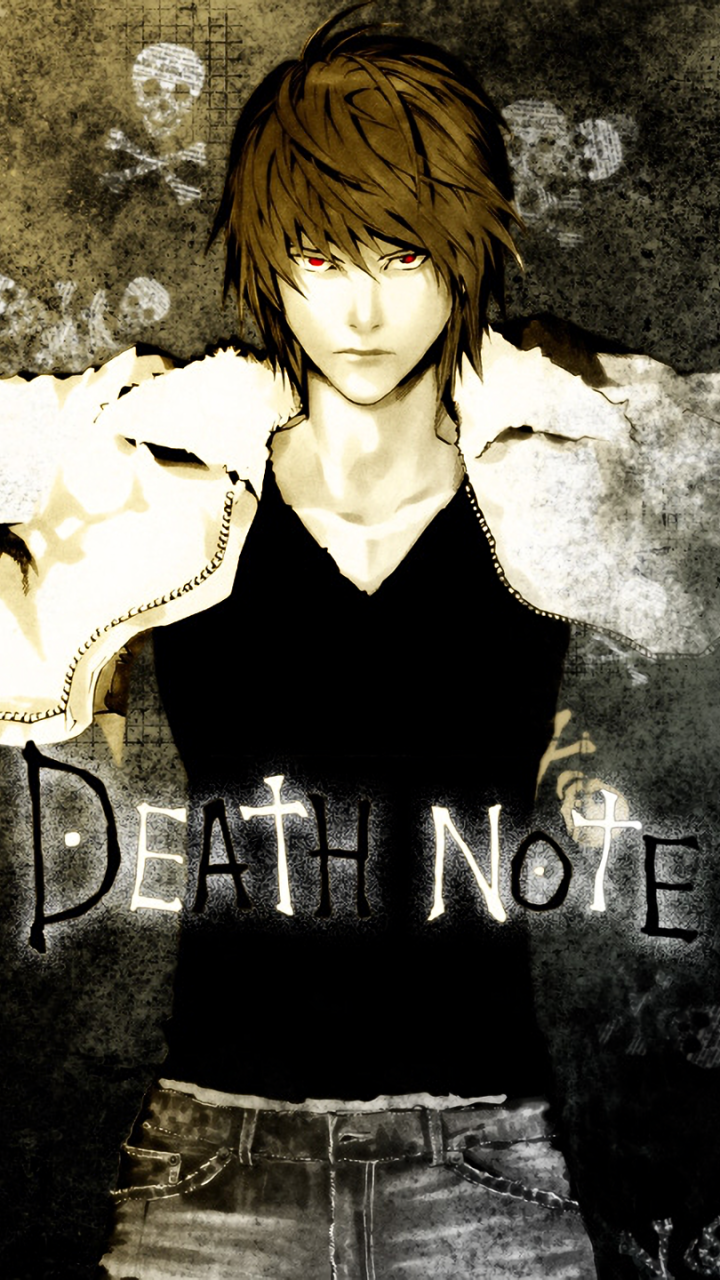 Phone wallpaper of Light Yagami (Death Note) in anime style: standing with a white coat draped over his shoulders, pale face and red eyes, grungy skull background and DEATH NOTE text.