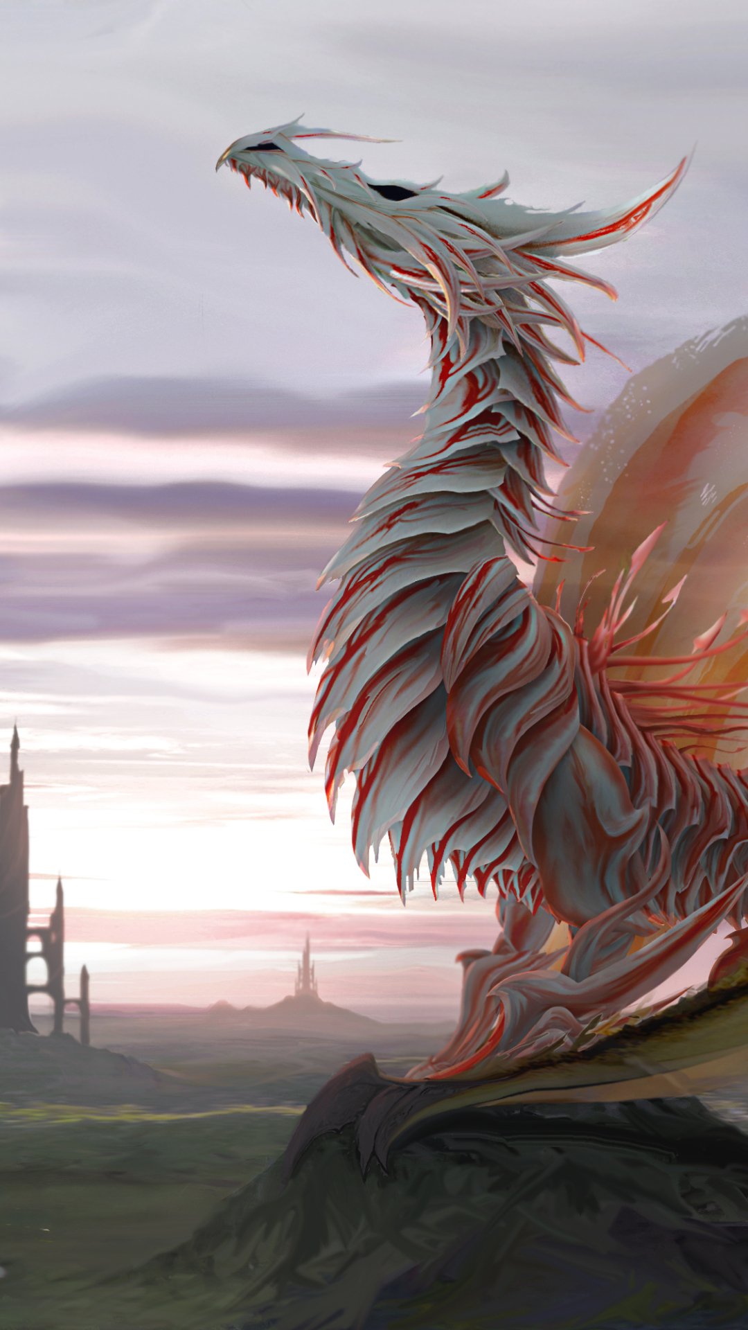 Vertical phone wallpaper: a fantasy dragon with layered, featherlike scales and glowing edges perches on a cliff, overlooking a misty landscape and distant castle at dawn.