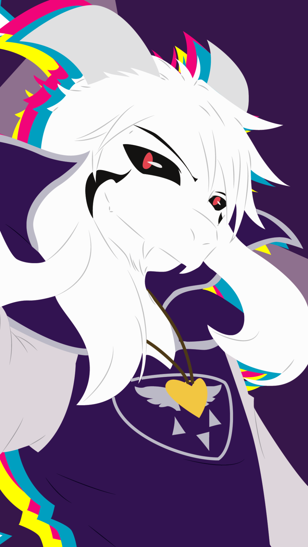 Phone wallpaper for iPhone and Android: Asriel (Undertale) stylized close-up with white fur, red eyes, rainbow accents and a gold heart pendant on a deep purple background.