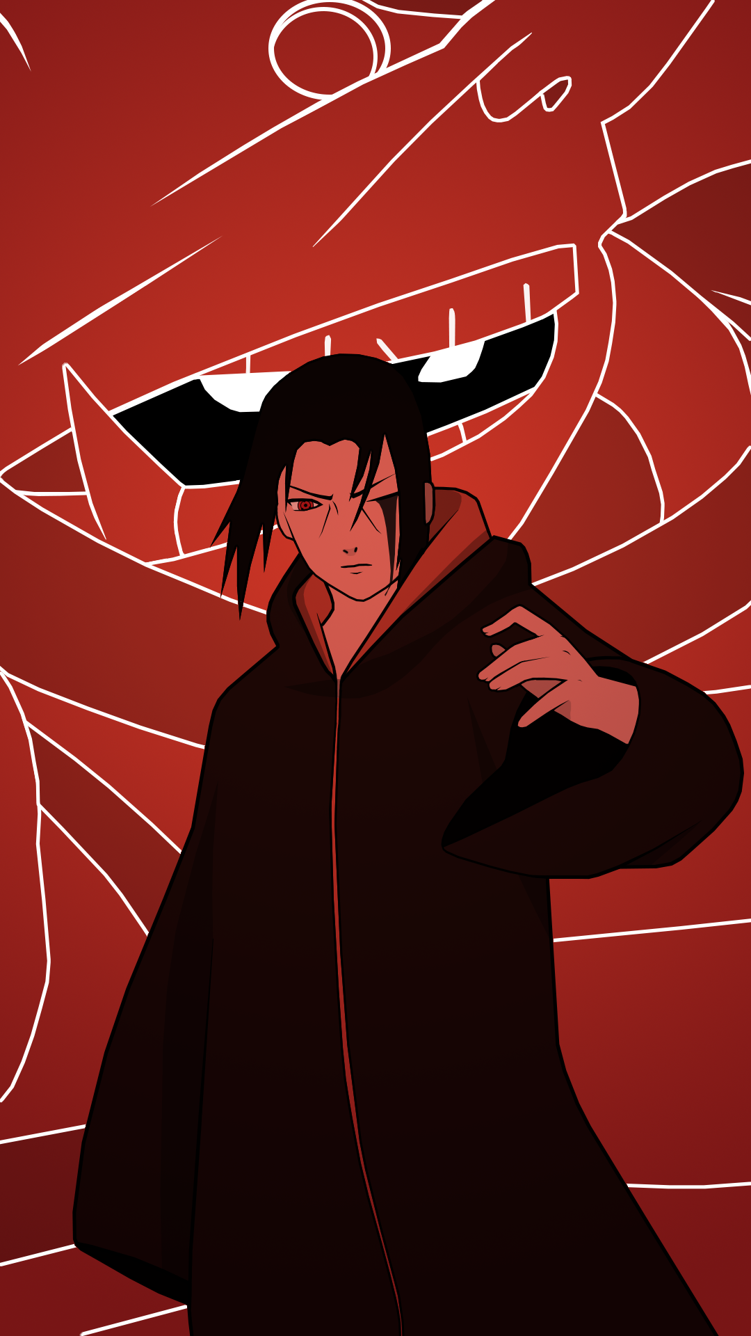 Phone wallpaper featuring Itachi Uchiha from Naruto with his Sharingan activated and Susanoo in the red background, blending anime style for iPhones and Android devices.